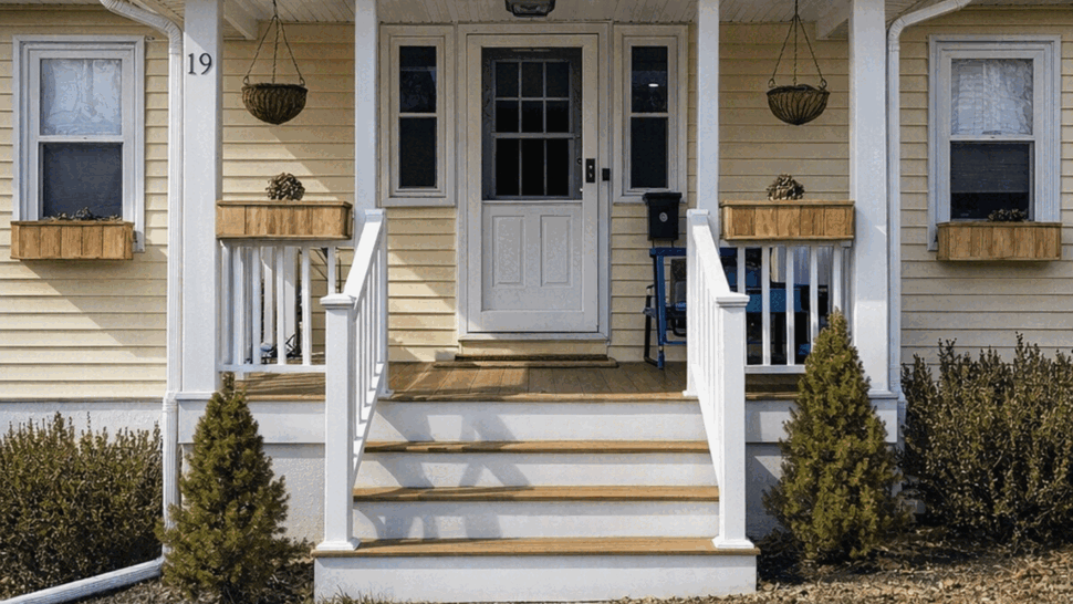 Front Porch with Yellow Siding | Tycos Roofing And Siding Inc Front porch with yellow siding, white railing and entry steps.