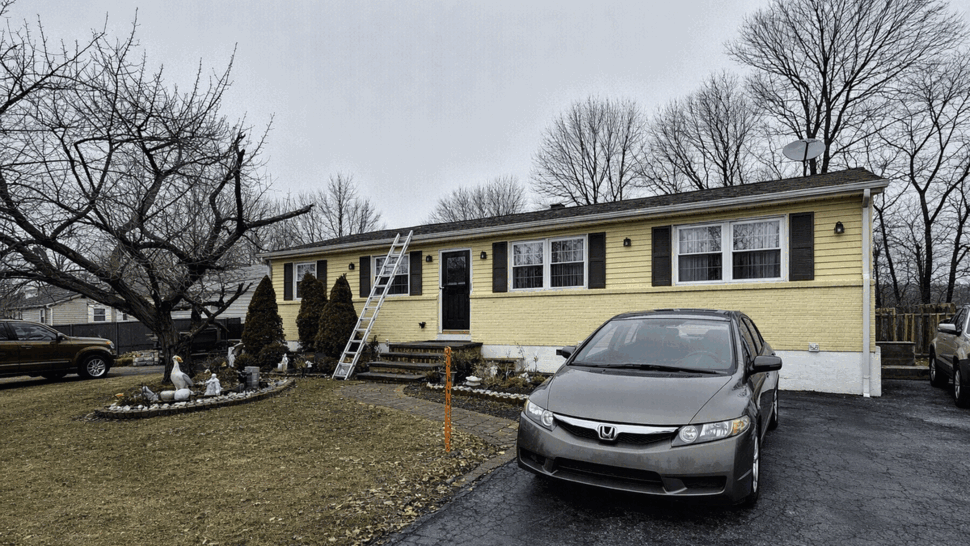 Yellow ranch home with siding, roof, windows, and front landscaping
