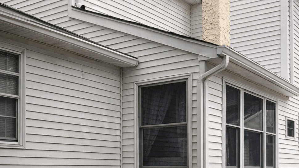 Corner of a white vinyl sided house with a downspout beneath tree branches.