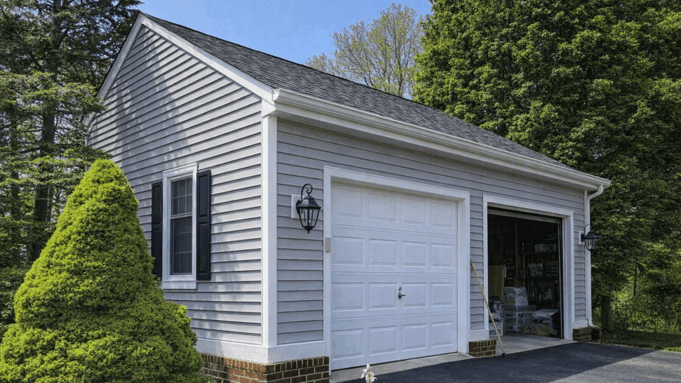 Detached garage with two white garage doors and gray siding next to a driveway.
