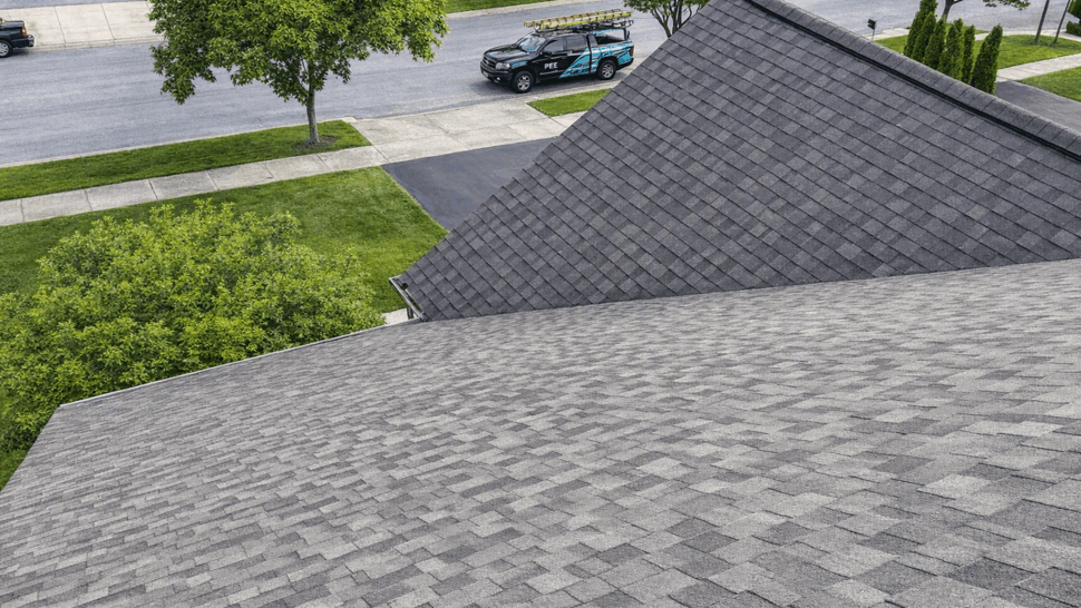 Angled view down multiple roof slopes with a Tycos work truck on the street below