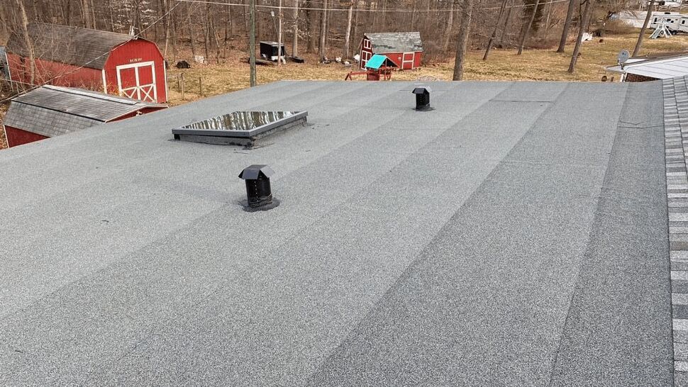 Flat roll roof section with skylight and vent pipes visible