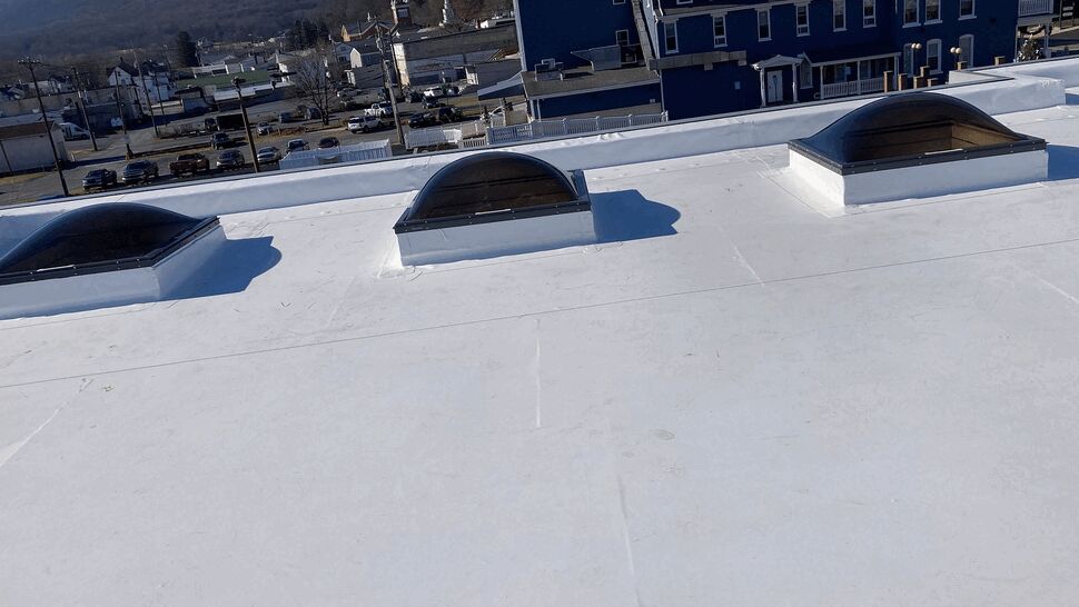 Wide flat roof with three dome skylights and town skyline