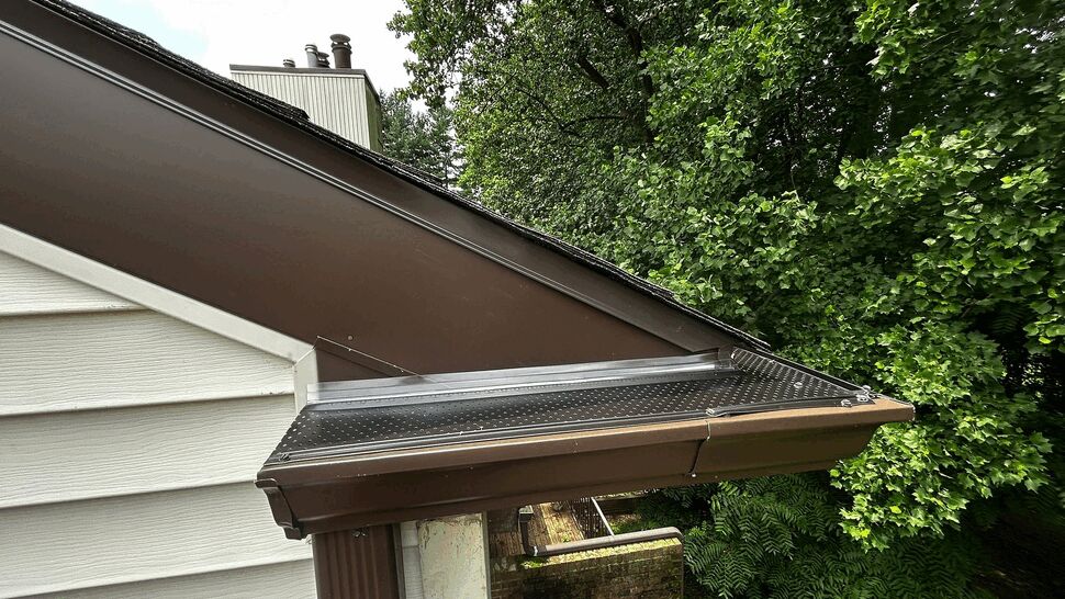 Brown gutter with gutter guard along a sloped roof edge and trees.