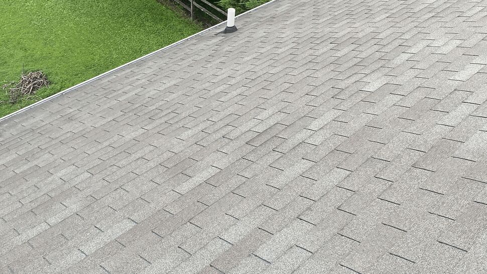 Light gray shingle roof with vent pipe near tree-lined yard