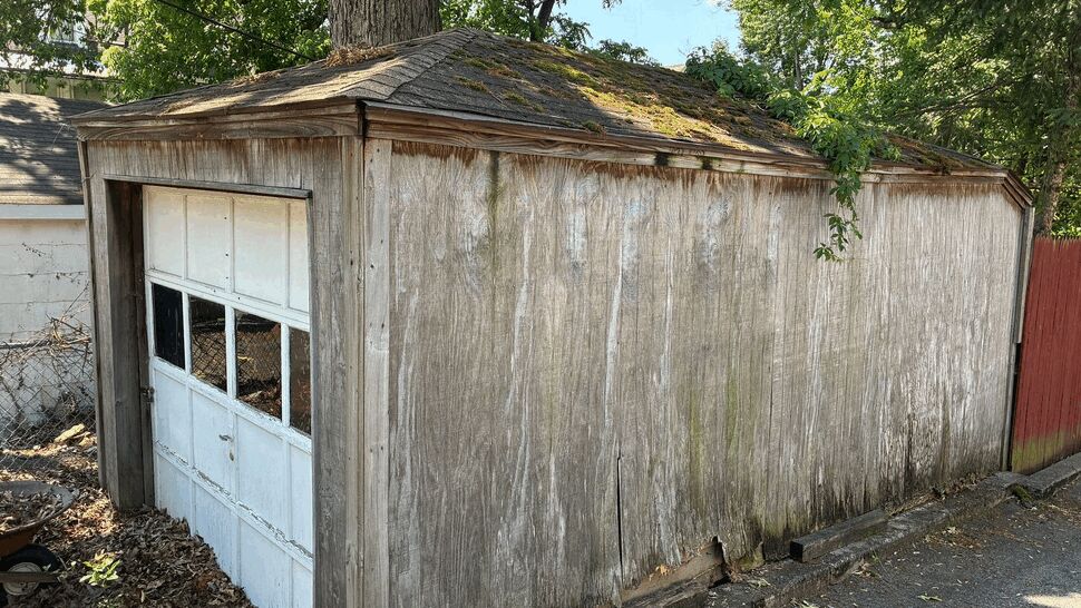 Aged wooden shed with moss-covered roof and worn vertical siding
