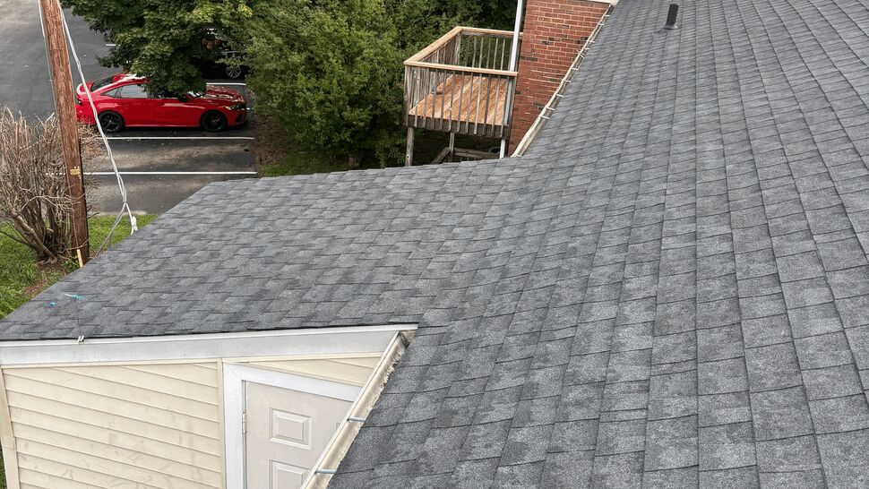 Multiple gray shingle roof sections above a residential backyard