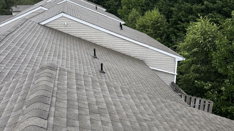 Gray shingle roof with multiple sections beside a wooded landscape