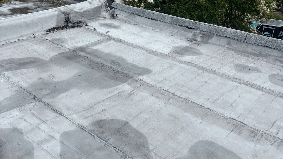 Flat roof with circular patch marks, seam repairs, and nearby flowering tree.