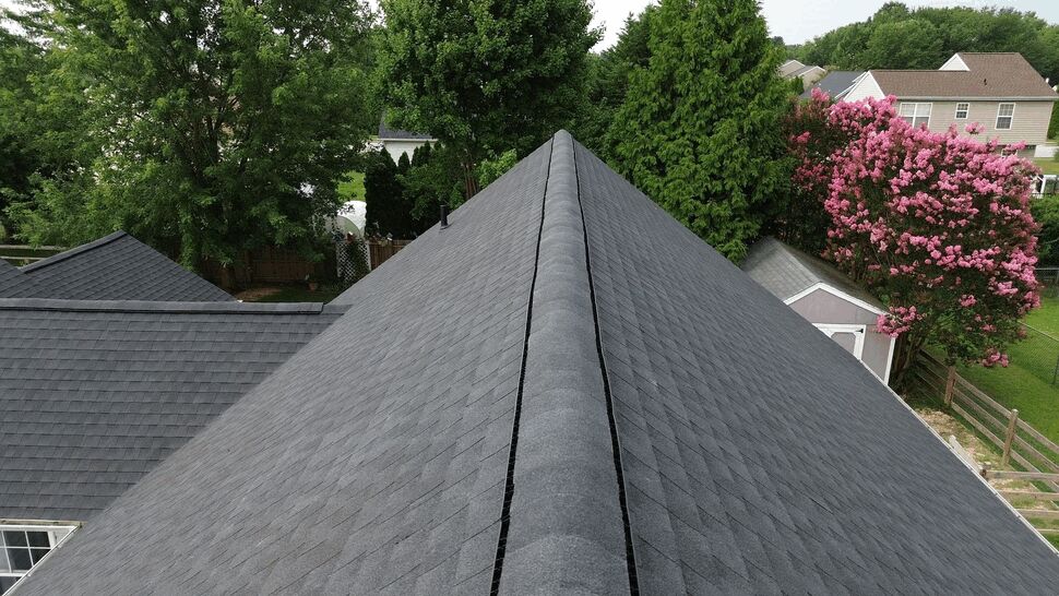 Longitudinal view down the roof ridge featuring a ventilated ridge cap.