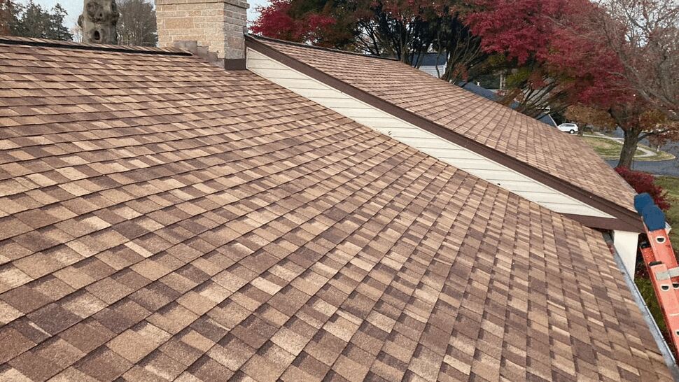 Wide view of sloped roof with chimney and autumn trees in background