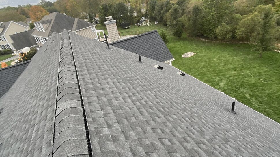 Long roof ridge with ridge vents and evenly laid shingles overlooking trees.