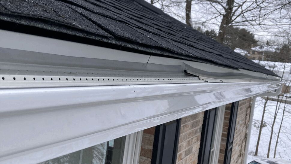 Close-up of shingle roof edge with white gutter and gutter guard
