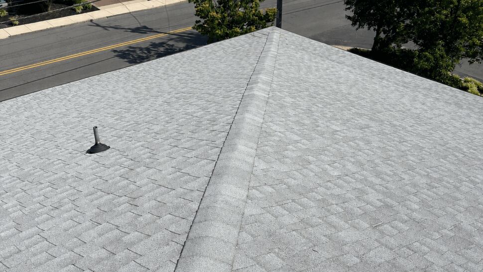 Shingle roof ridge with a vent pipe and street view beyond.