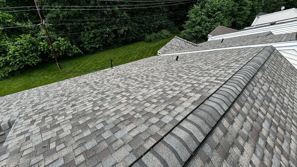Wide rooftop view showing shingle pattern, vents, and surrounding trees