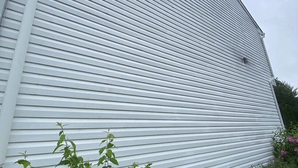 Tall white vinyl siding sidewall with downspout and shrubs