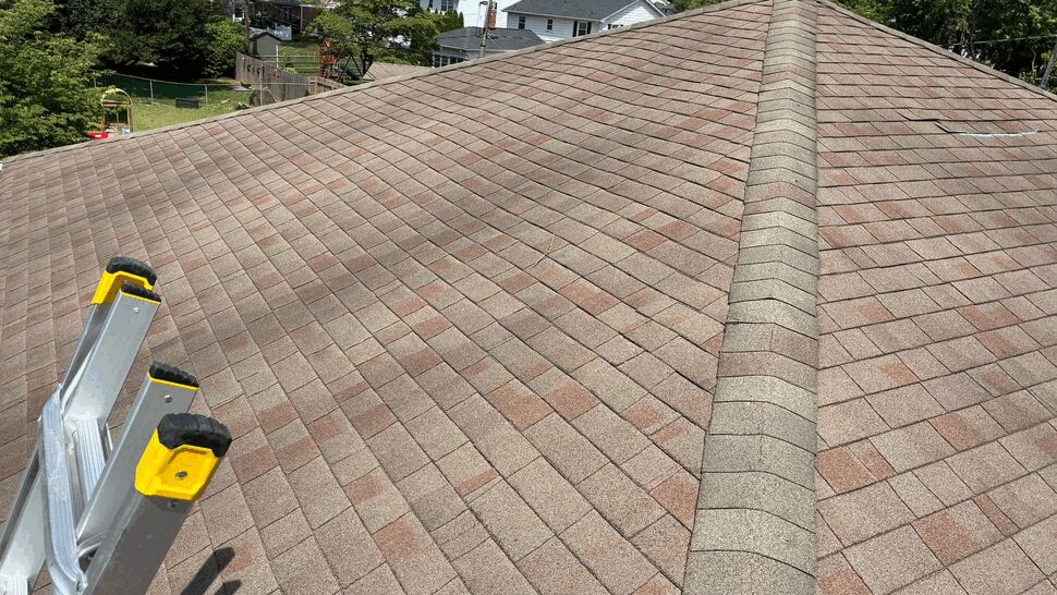 Shingled Roof Ridge Panorama | Tycos Roofing And Siding Inc Wide view of a large shingle roof with ridge cap and ladder visible
