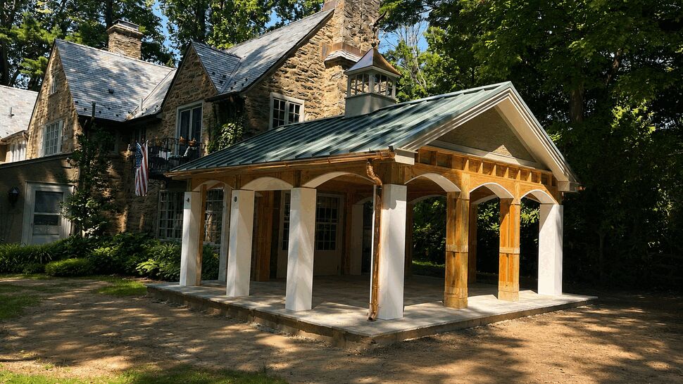 Wooden covered pavilion with columns next to stone house