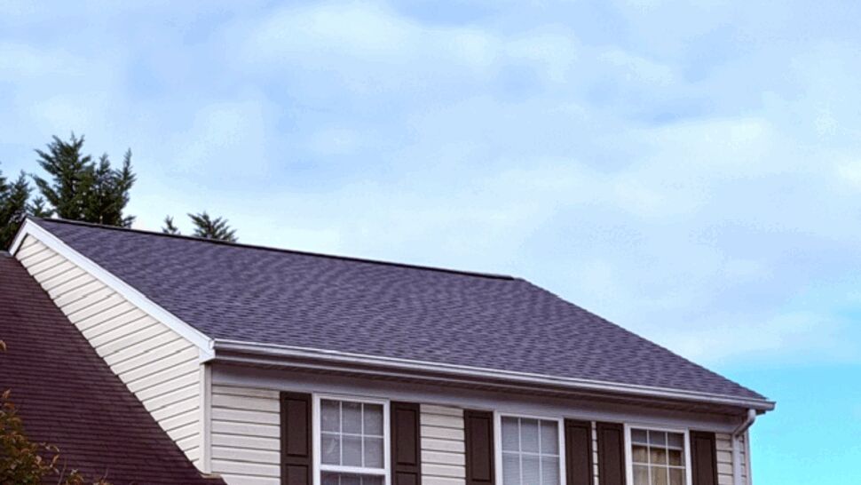 Close view of house eave showing gutter, roof shingles, and siding