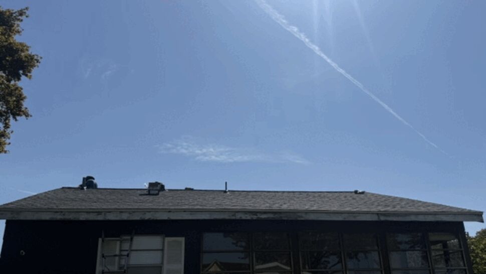 Wide view of single-story roof under clear sky with ladder at front