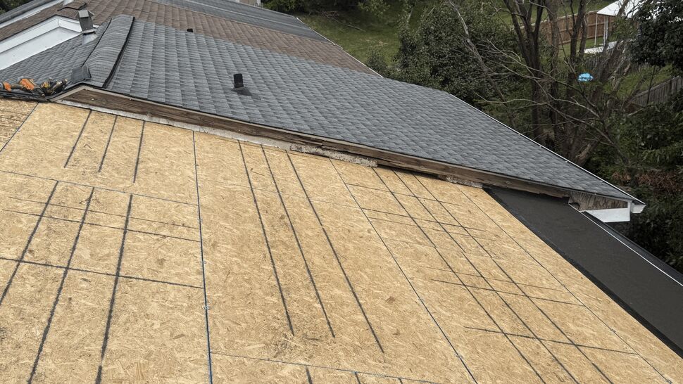 Exposed plywood roof decking adjacent to existing shingled roof sections.
