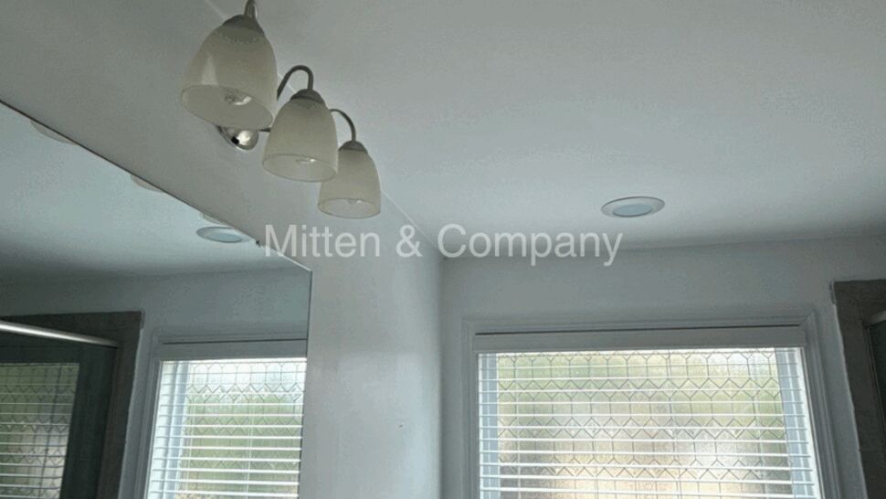 Bathroom ceiling with light fixtures and two windows showing interior condition