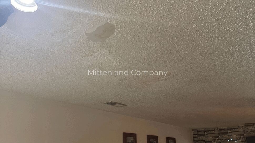 Interior Ceiling Leak Damage | Mitten & Company Interior ceiling with water damage near a light fixture and vent.