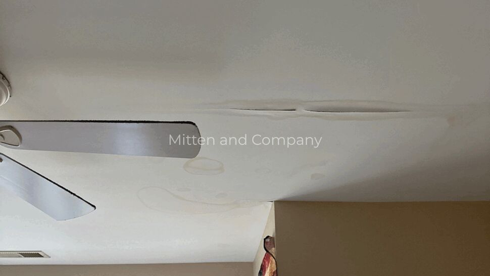 Sagging Ceiling from Water Leak | Mitten & Company Interior ceiling with sagging drywall and circular water stains near a fan