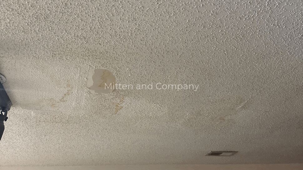 Ceiling Water Damage | Mitten & Company Water-damaged textured ceiling with a visible repaired or stained area.