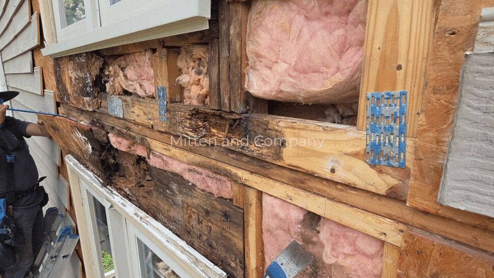 Exterior Siding Damage Repair | Mitten & Company House exterior opened to reveal damaged framing and pink insulation