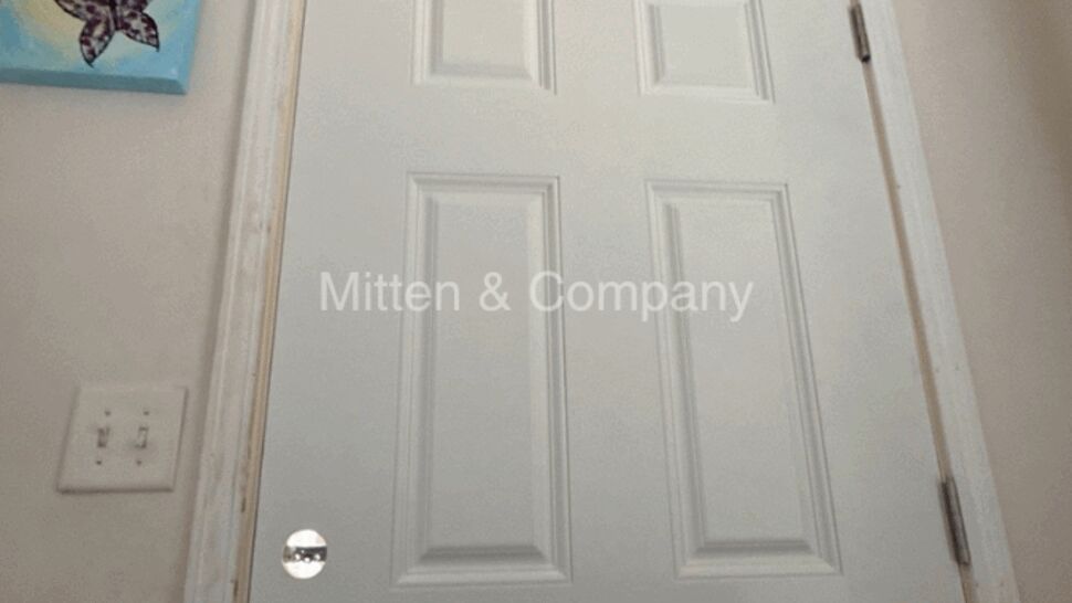 Interior white paneled door with knob and light switch inside a unit.