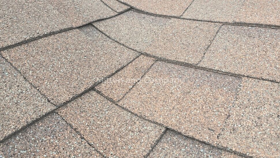 Lifted Roof Shingles and Damage | Mitten & Company Close-up of lifted and overlapping asphalt roof shingles.
