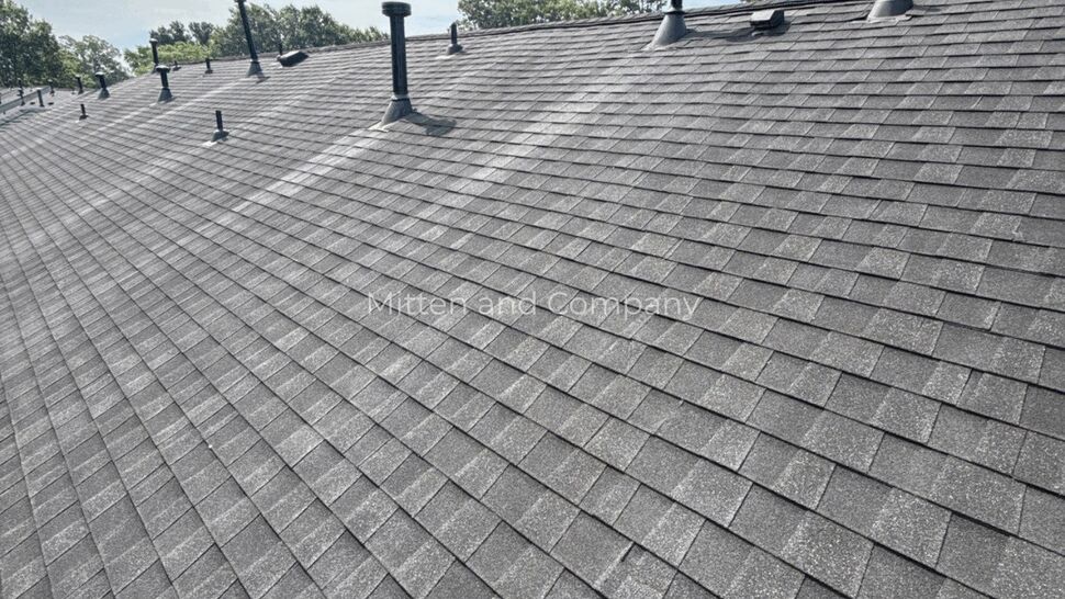 Expansive shingled roofline with multiple vent pipes and ridge vents.