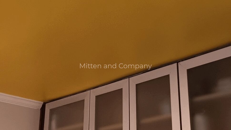 Painted yellow ceiling above white glass-front cabinets in an interior room.