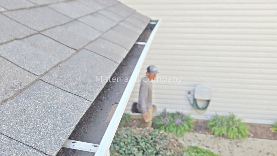 Open Roof Gutter Inspection | Mitten & Company Shingle roof and open gutter beside beige siding and landscaping