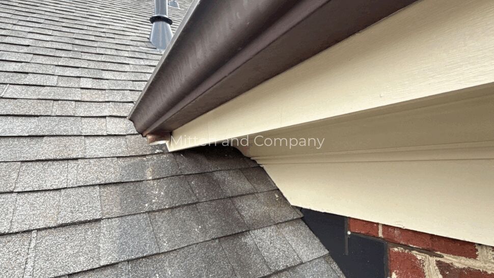 Shingled Roofline with Vent for Roof Maxx Review | Mitten & Company Shingled roof and gutter close-up with vent pipes