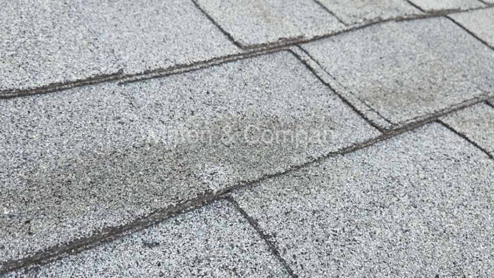 Close-up of gray shingles showing worn granules and surface wear.