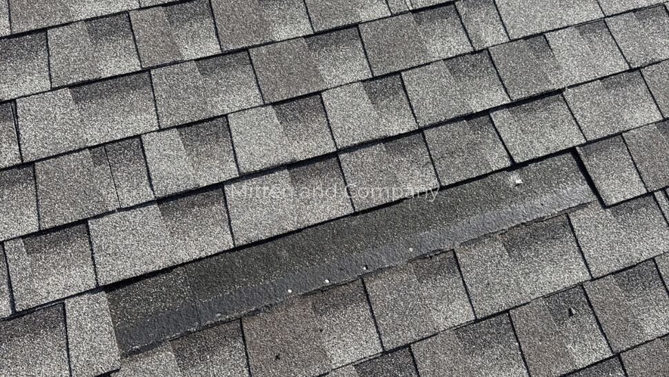 Patched Asphalt Shingles | Mitten & Company Close-up of gray asphalt shingles with a visible patched ridge