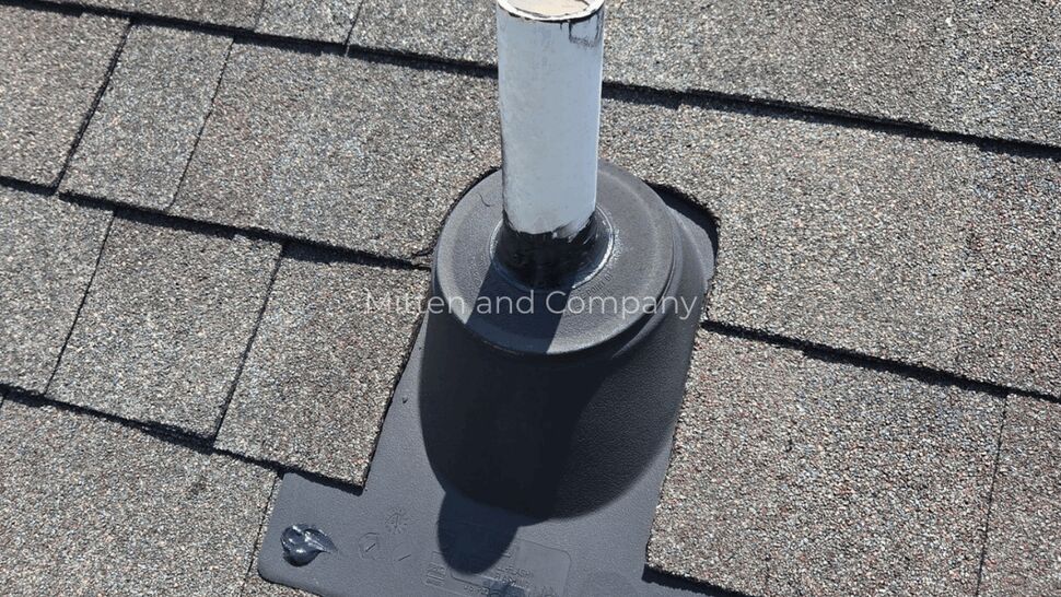 Plumbing Vent Pipe with Roof Boot | Mitten & Company White plumbing vent pipe with black rubber boot on asphalt shingle roof