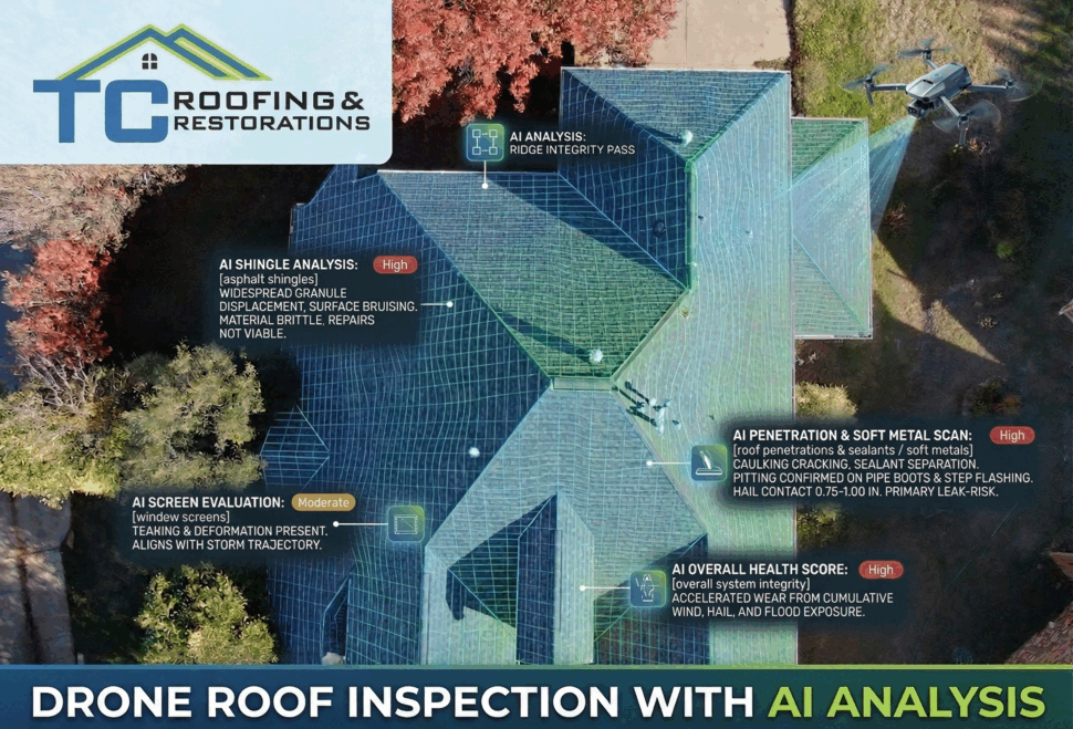 AI drone roof inspection by TC Roofing & Restorations showing detailed roof analysis and damage detection