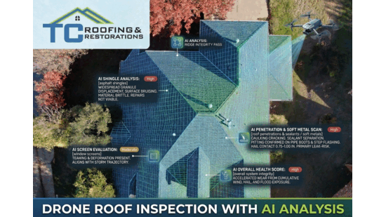 AI drone roof inspection by TC Roofing & Restorations showing detailed roof analysis and damage detection
