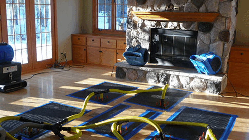Yellow hoses and drying mats in a living room with stone fireplace and sunlight