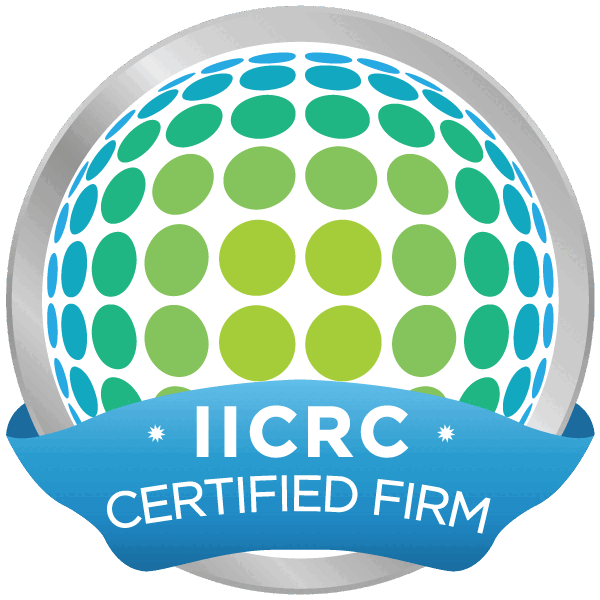 IICRC certified firm badge with blue ribbon and green dotted globe