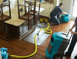 Technicians using air movers and hoses to dry a kitchen around an island