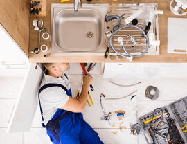 Plumber working under a kitchen sink with tools and parts laid out nearby.