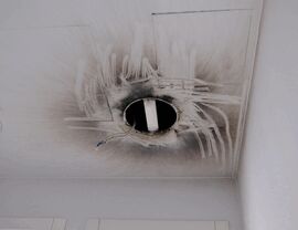 Recessed ceiling light opening with circular soot and burn marks.