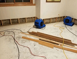 Room with baseboards removed and blue air movers set for mold remediation.
