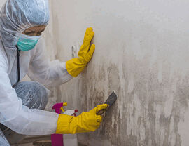 Worker in protective suit and mask scraping visible mold from an interior wall