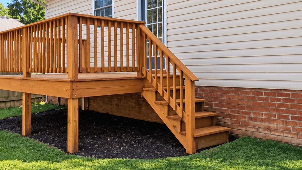 Backyard Deck and Siding | TSP Contracting Wooden backyard deck beside a beige-sided home with stairs and railing