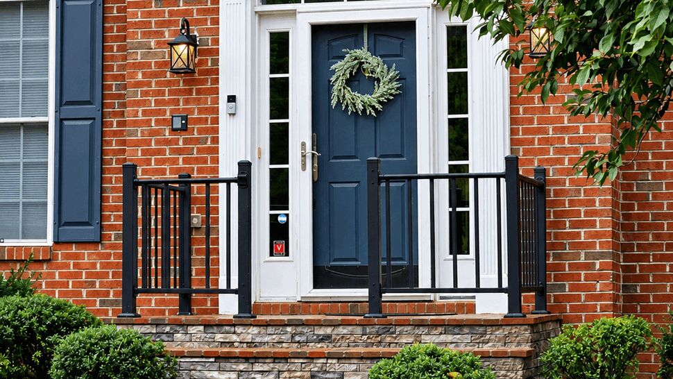 Brick Front Entry Upgrade | TSP Contracting Brick home entry with navy door, white trim, railings, and landscaped steps